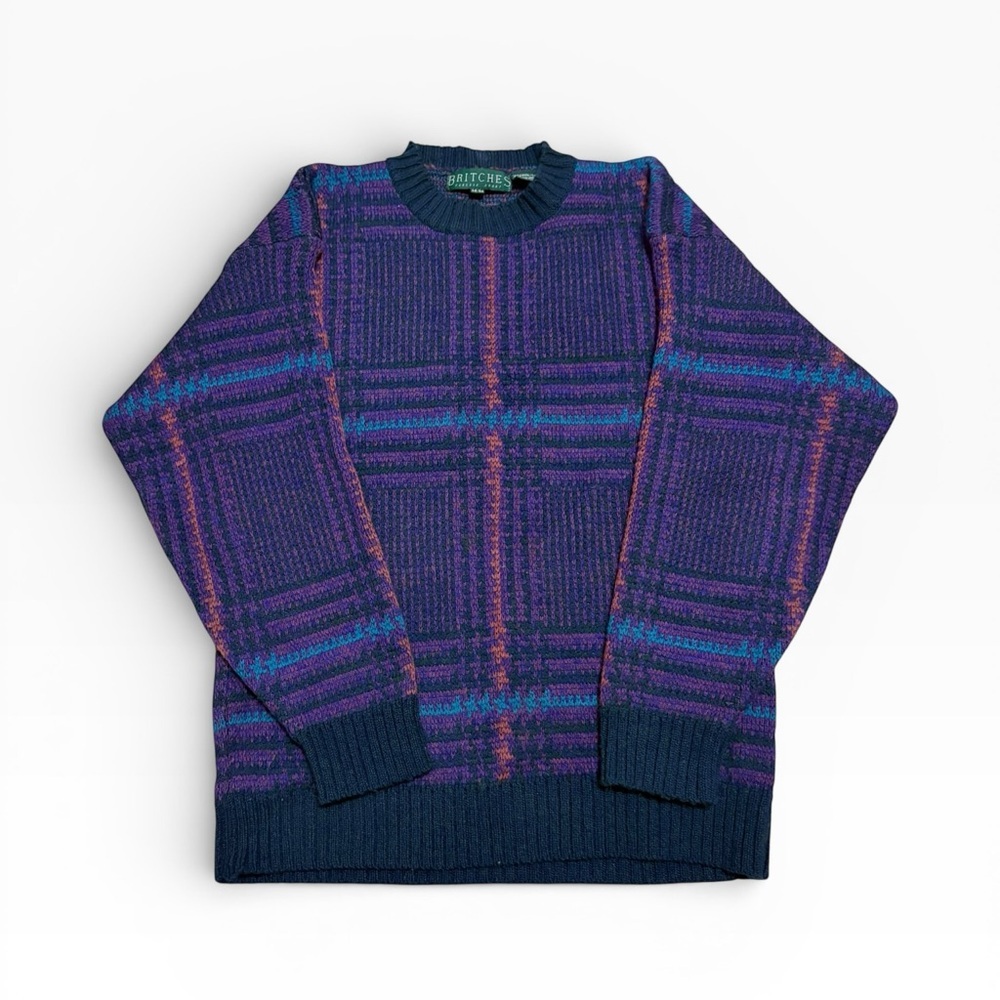 Vintage 90s Britches 100% Pure Virgin Wool Purple Geometric Knit Sweater Medium
